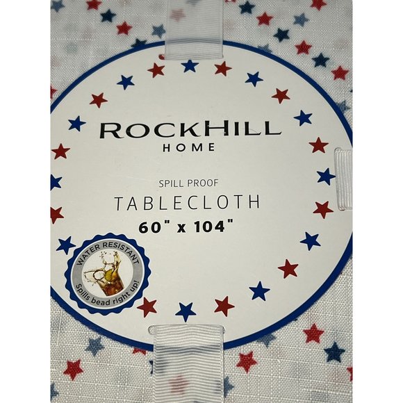 RockHill Home Tablecloth Red White Blue Stars Spillproof 104"x60" NWT - Picture 3 of 5